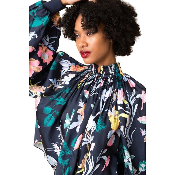 Tibi Gothic Edwardian Floral Print Long Sleeve Cropped Trapeze Blouse - Picture 2 of 9